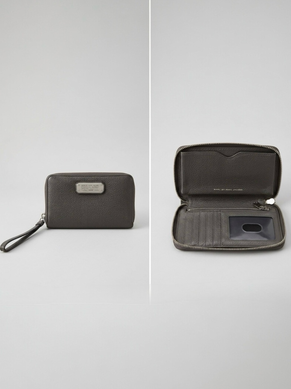 Marc Jacobs Pebble Leather Compact Wristlet Wallet Grey Silver Zippy Coin Clutch